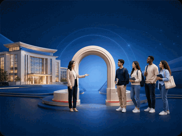 Students and advisors crossing a bridge to global campuses